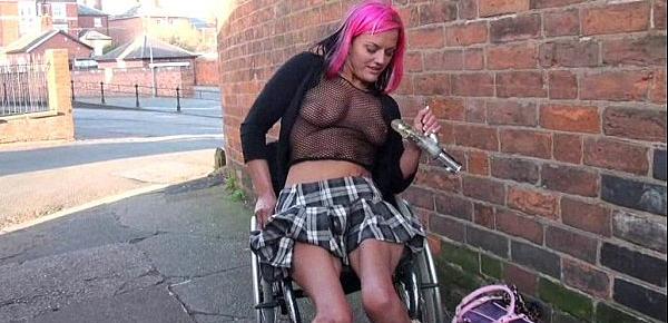  Redhead wheelchair bound babe Leah Caprice flashing and masturbating in public